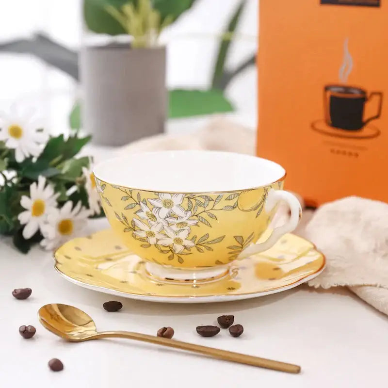 Yellow floral lemon tree bone china tea set dining room server