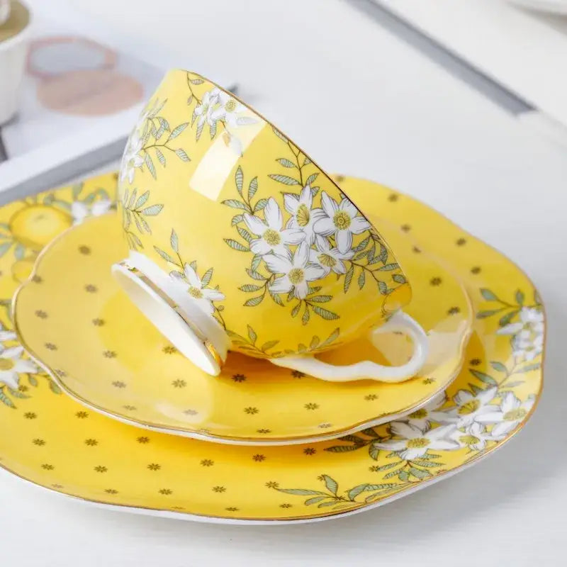 Yellow floral lemon tree bone china tea set dining room server