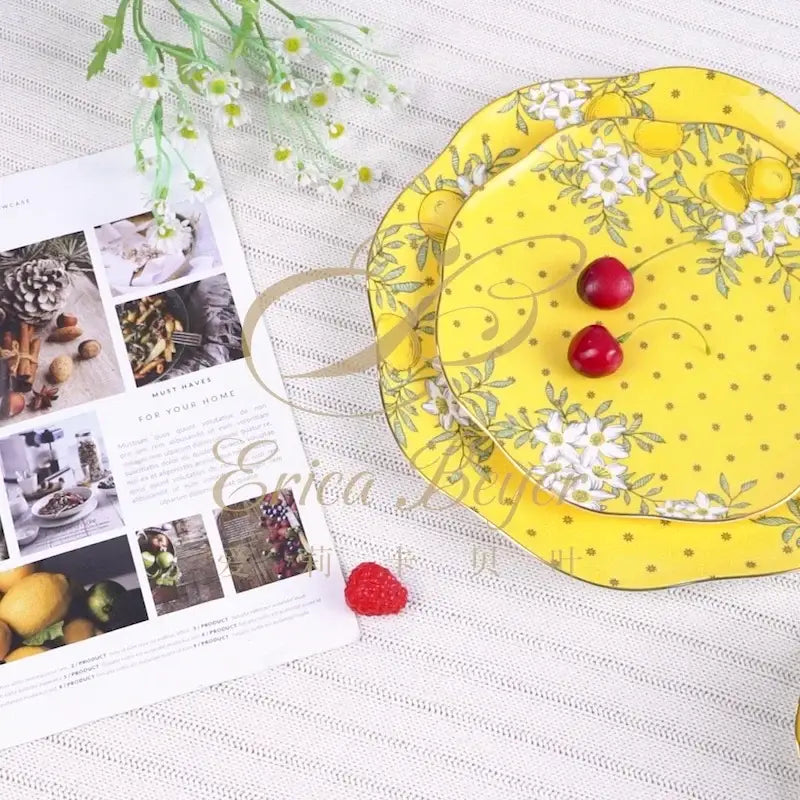Yellow floral lemon tree bone china tea set dining room server