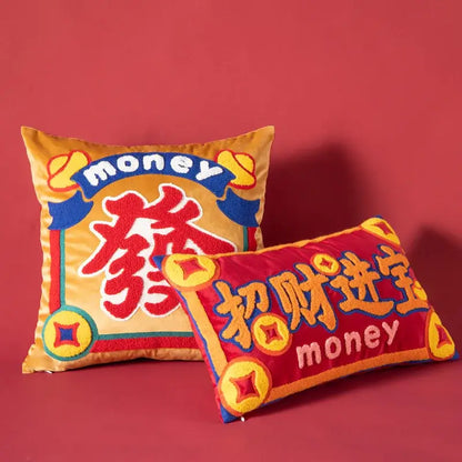 Yellow good fortune embroidered cushion cover living room decor