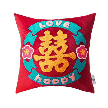 Yellow good fortune embroidered cushion cover living room decor