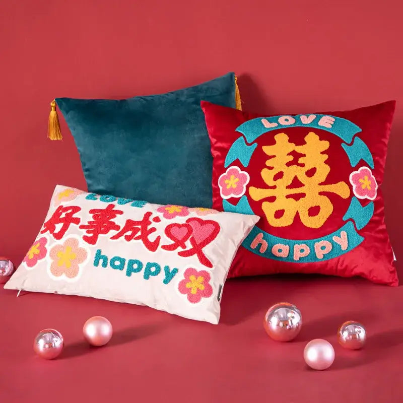 Yellow good fortune embroidered cushion cover living room decor