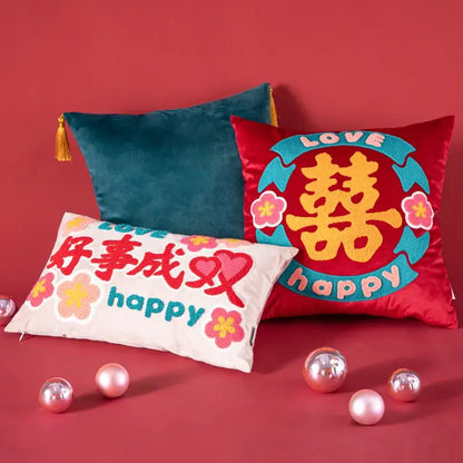 Yellow good fortune embroidered cushion cover living room decor