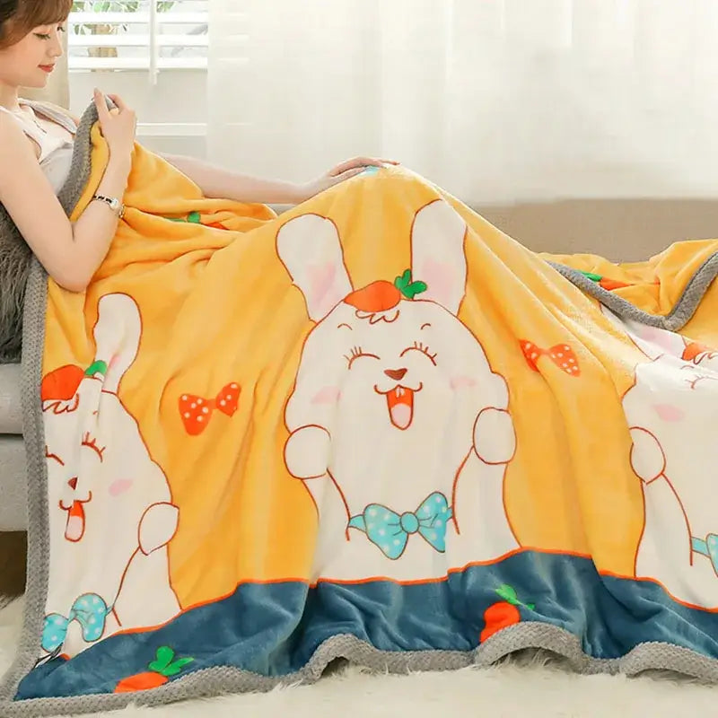 Yellow & gray bunny cartoon flannel blanket bedroom plush throw