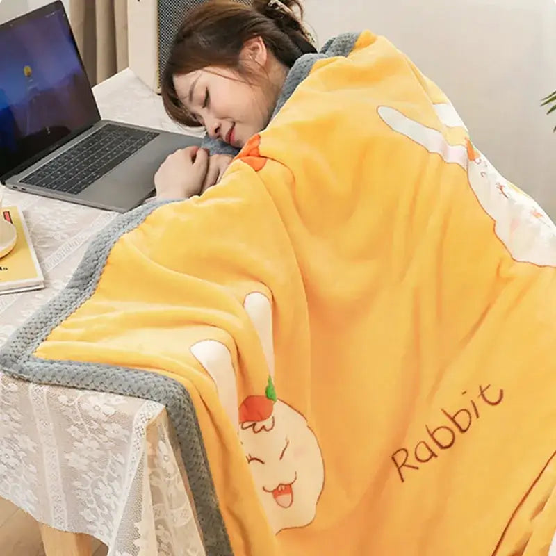 Yellow & gray bunny cartoon flannel blanket bedroom plush throw
