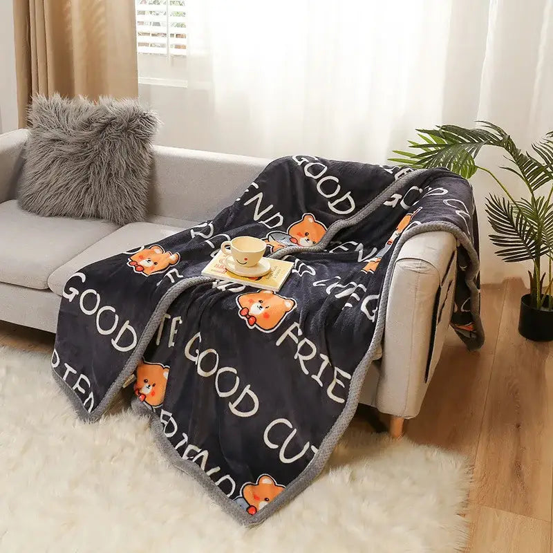 Yellow & gray bunny cartoon flannel blanket bedroom plush throw