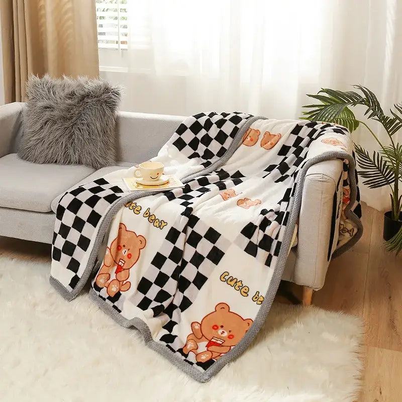 Yellow & gray bunny cartoon flannel blanket bedroom plush throw