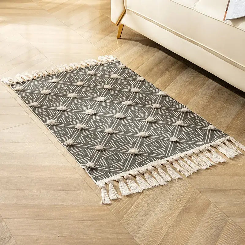 Yellow & green geometric tassel floor mat living room decor