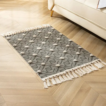Yellow & green geometric tassel floor mat living room decor
