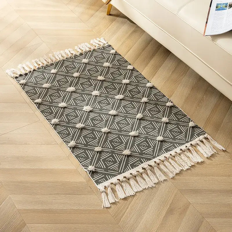 Yellow & green geometric tassel floor mat living room decor