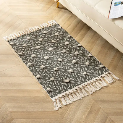 Yellow & green geometric tassel floor mat living room decor