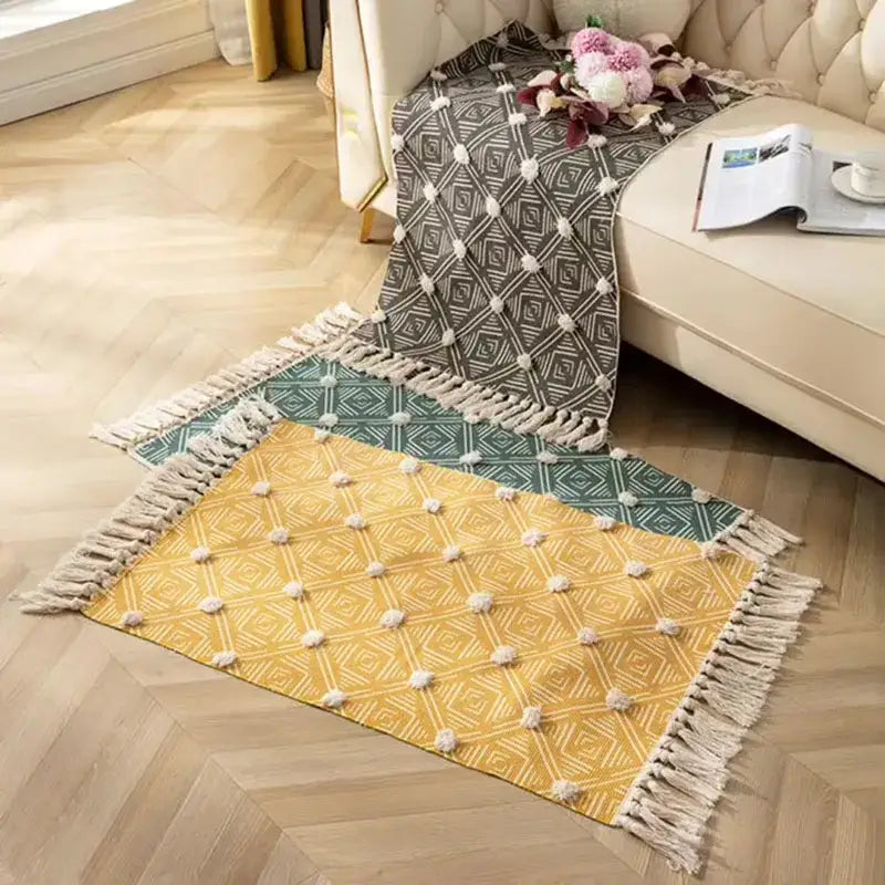 Yellow & green geometric tassel floor mat living room decor