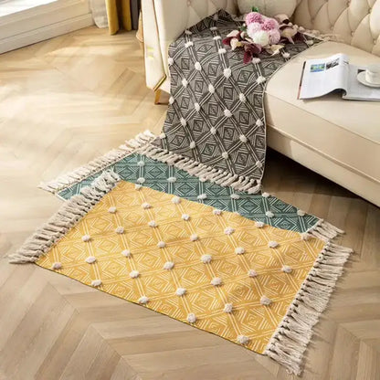 Yellow & green geometric tassel floor mat living room decor