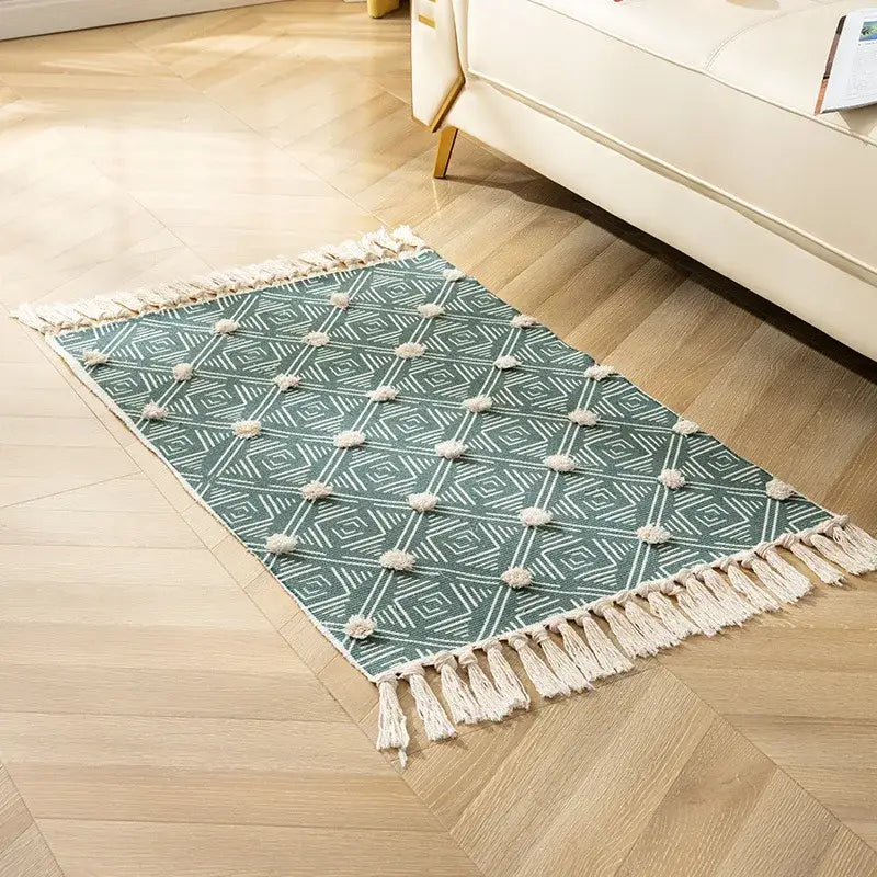 Yellow & green geometric tassel floor mat living room decor