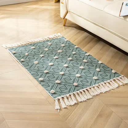 Yellow & green geometric tassel floor mat living room decor