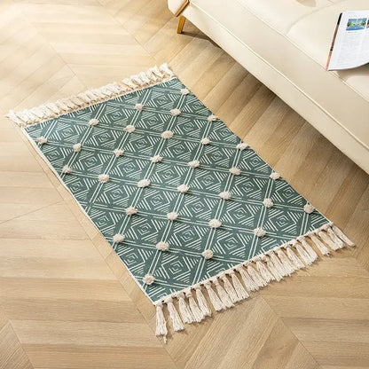 Yellow & green geometric tassel floor mat living room decor