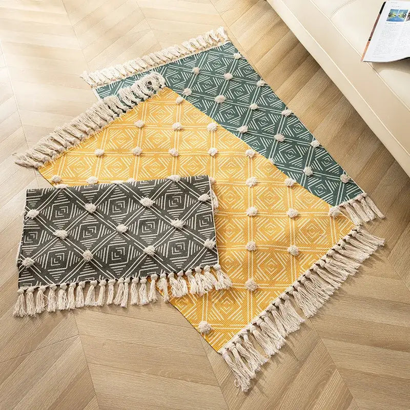 Yellow & green geometric tassel floor mat living room decor