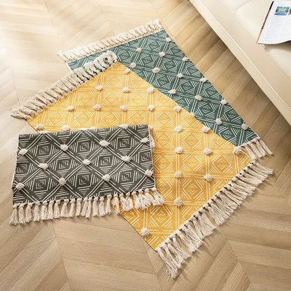 Yellow & green geometric tassel floor mat living room decor