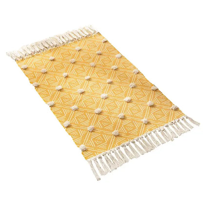 Yellow & green geometric tassel floor mat living room decor