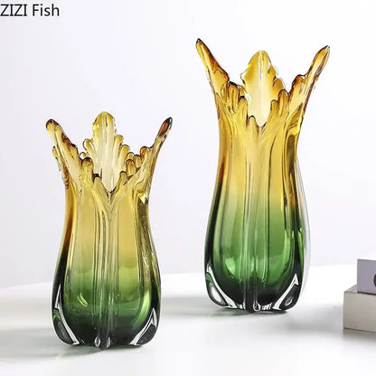 Yellow & green glass vase hydroponics for dining room artificial flowers