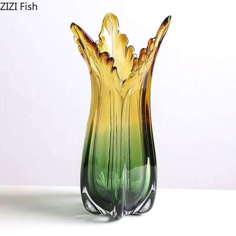Yellow & green glass vase hydroponics for dining room artificial flowers