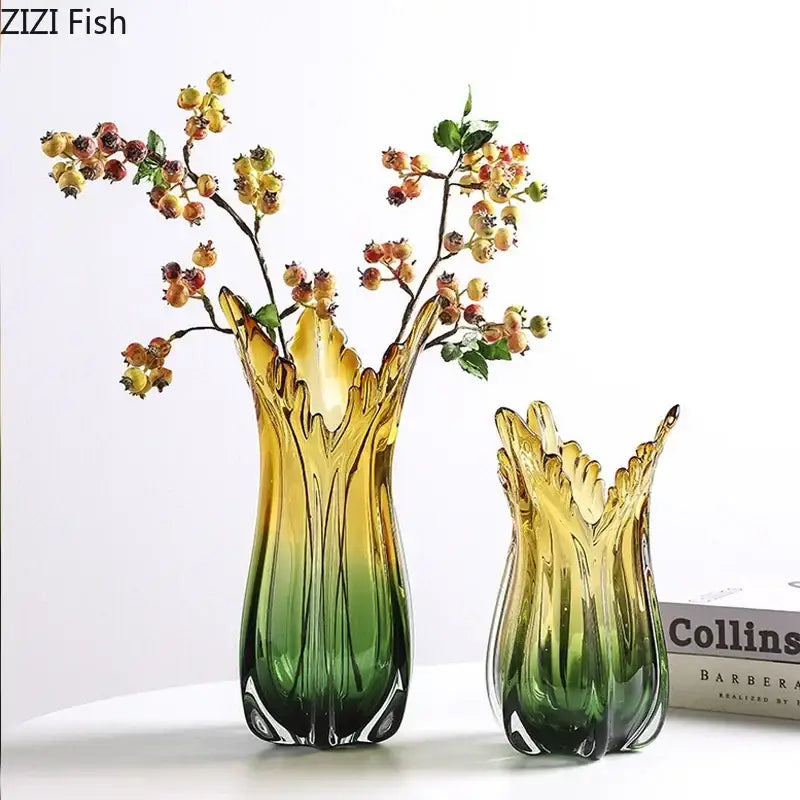 Yellow & green glass vase hydroponics for dining room artificial flowers