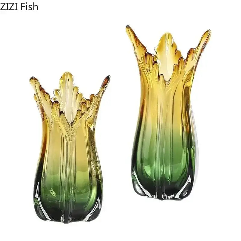 Yellow & green glass vase hydroponics for dining room artificial flowers