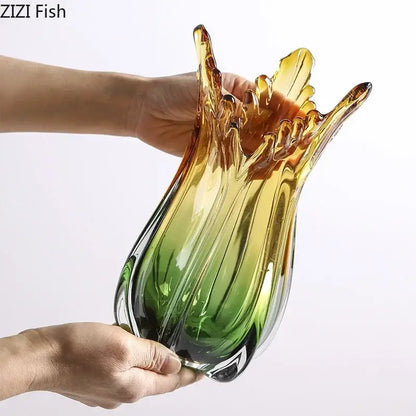 Yellow & green glass vase hydroponics for dining room artificial flowers