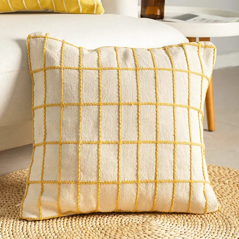 Yellow & grey cotton woven check cushion cover living room