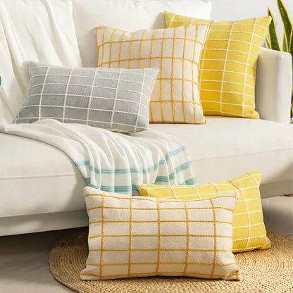 Yellow & grey cotton woven check cushion cover living room