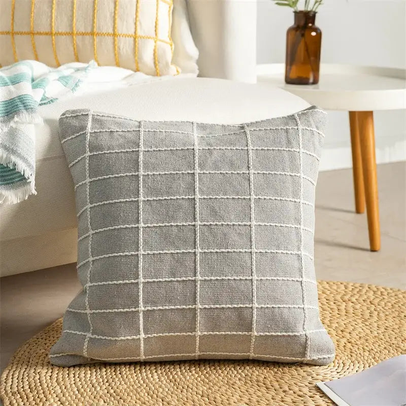 Yellow & grey cotton woven check cushion cover living room