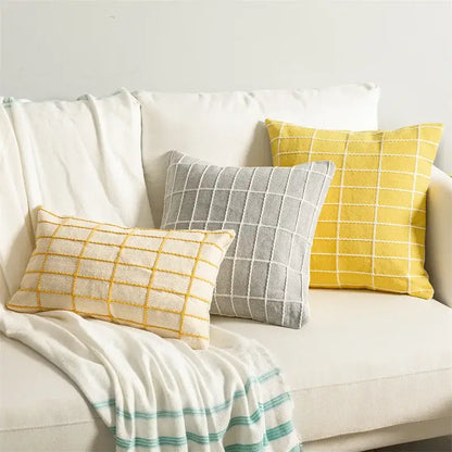 Yellow & grey cotton woven check cushion cover living room