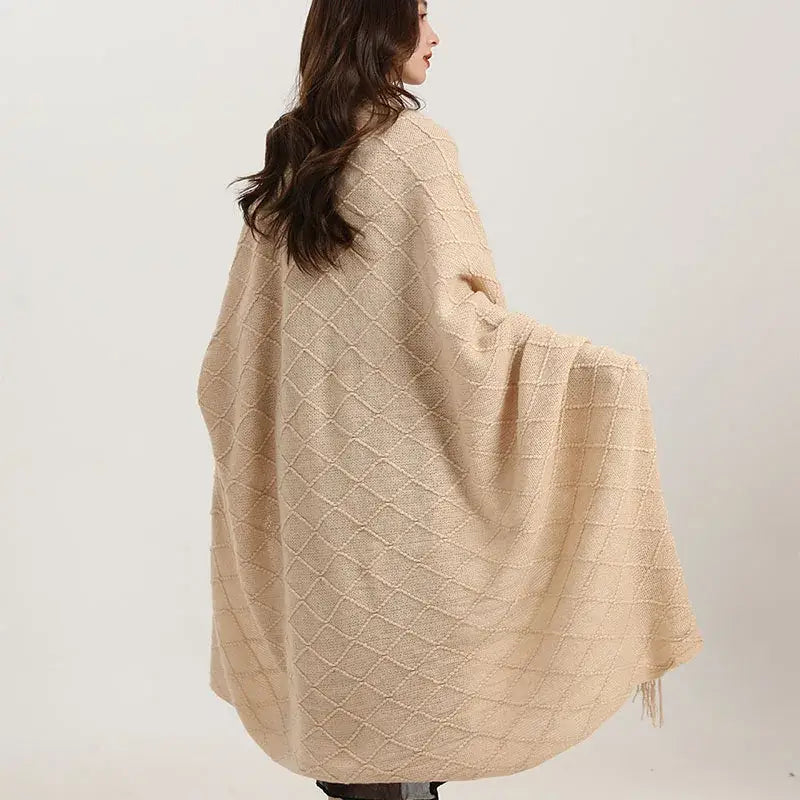 Yellow knitted diamond blanket bedroom fringed shawl wrap