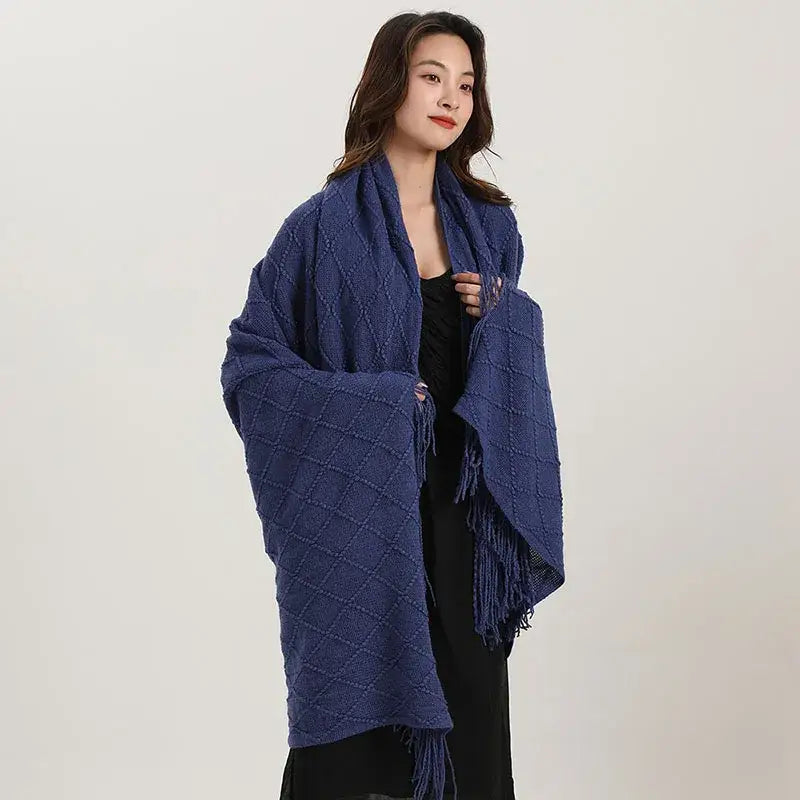 Yellow knitted diamond blanket bedroom fringed shawl wrap