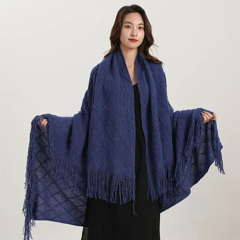 Yellow knitted diamond blanket bedroom fringed shawl wrap