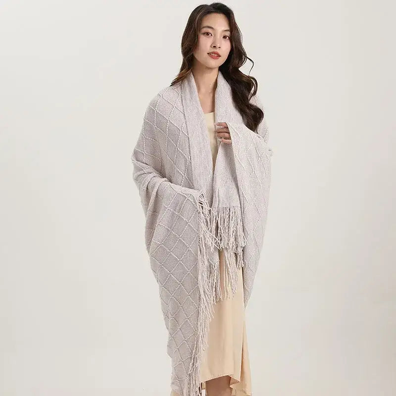 Yellow knitted diamond blanket bedroom fringed shawl wrap