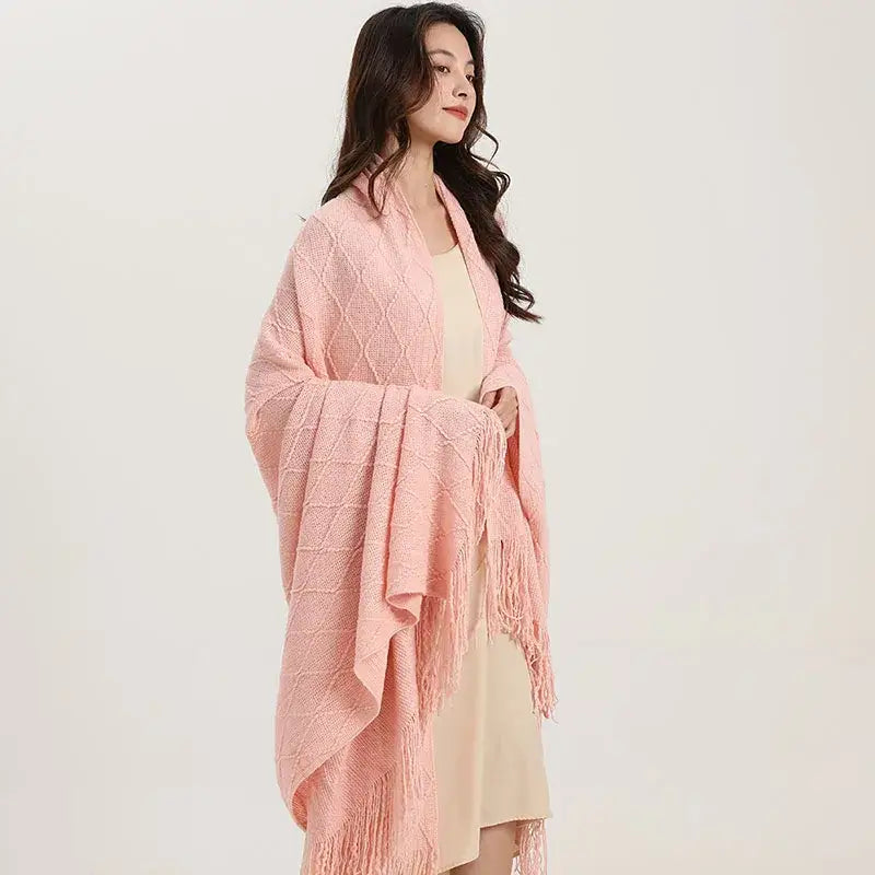 Yellow knitted diamond blanket bedroom fringed shawl wrap