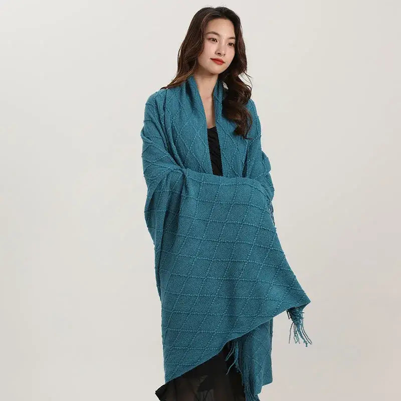 Yellow knitted diamond blanket bedroom fringed shawl wrap