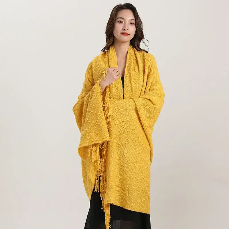 Yellow knitted diamond blanket bedroom fringed shawl wrap