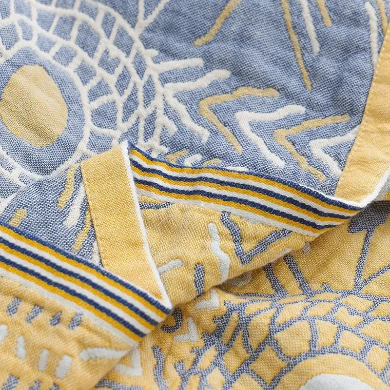 Yellow navy & white cotton gauze soft throw blanket bedroom