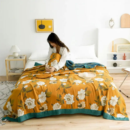 Yellow navy & white cotton gauze soft throw blanket bedroom