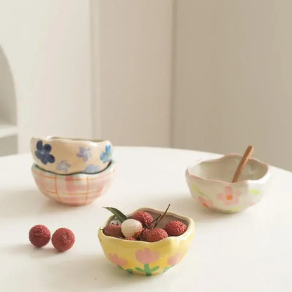 Yellow & pink tulip ceramic salad bowl set dining room kitchen