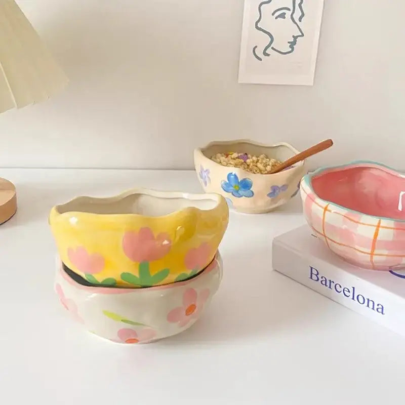 Yellow & pink tulip ceramic salad bowl set dining room kitchen