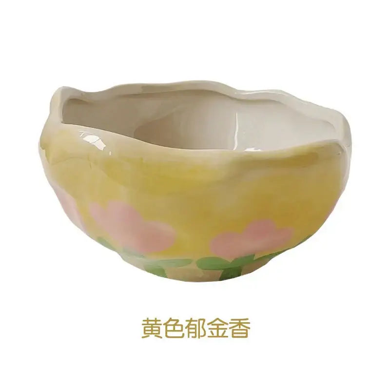 Yellow & pink tulip ceramic salad bowl set dining room kitchen