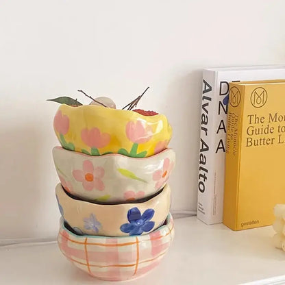 Yellow & pink tulip ceramic salad bowl set dining room kitchen