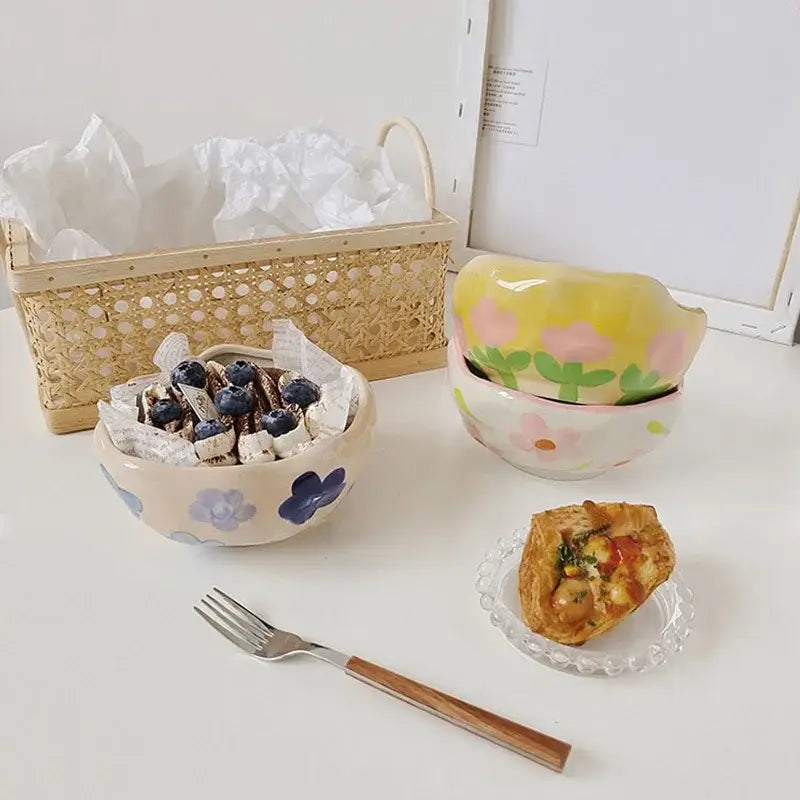 Yellow & pink tulip ceramic salad bowl set dining room kitchen