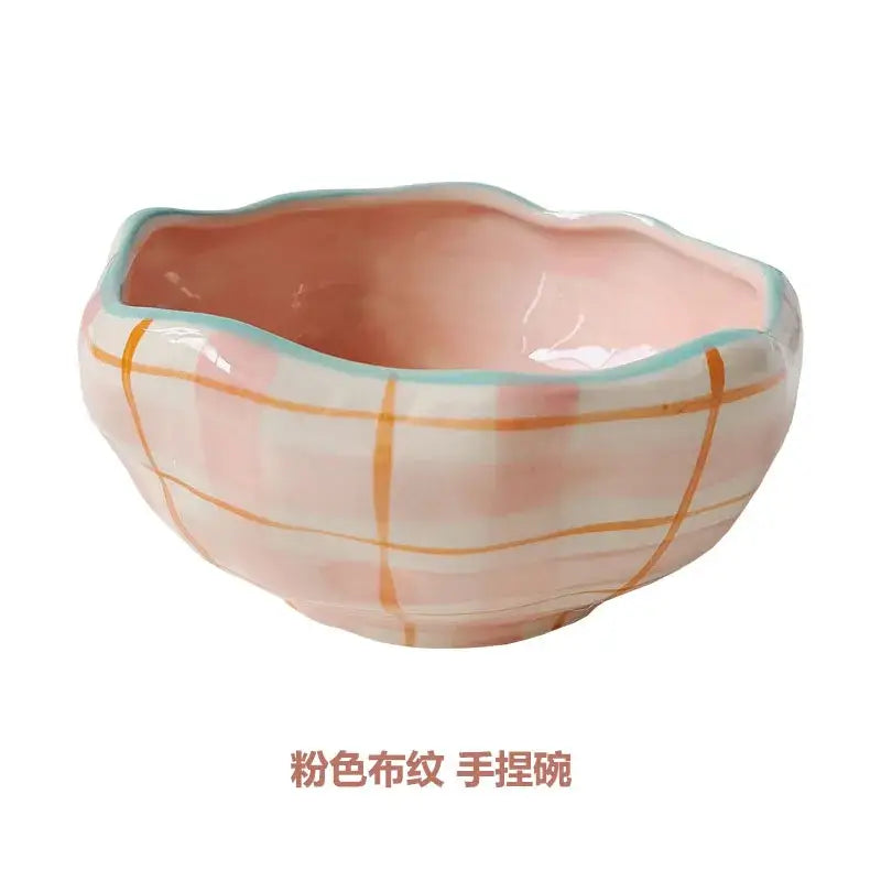 Yellow & pink tulip ceramic salad bowl set dining room kitchen