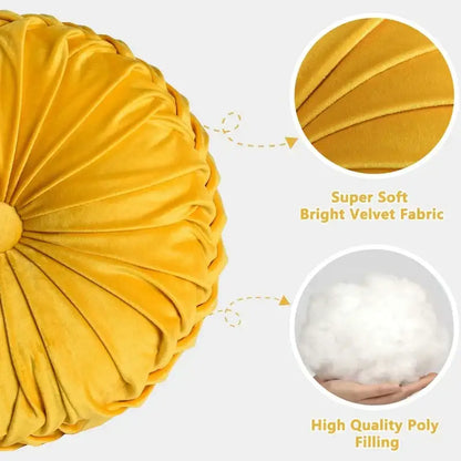 Yellow pleated velvet round throw pillow living room decor