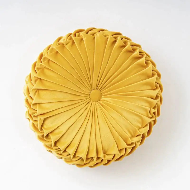 Yellow pleated velvet round throw pillow living room decor