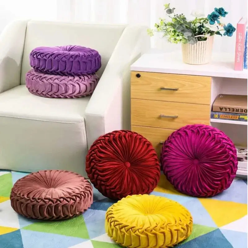 Yellow pleated velvet round throw pillow living room decor